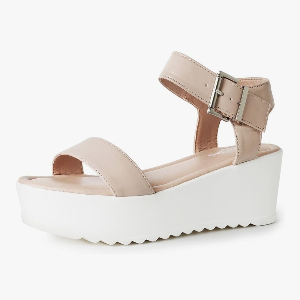 Tan and White Wedge Sandals with Platform Design